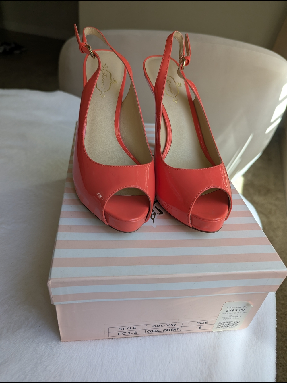 Footcandy Tilly-12 Coral Patent Leather Slingback Peep Toe Pumps Size 8